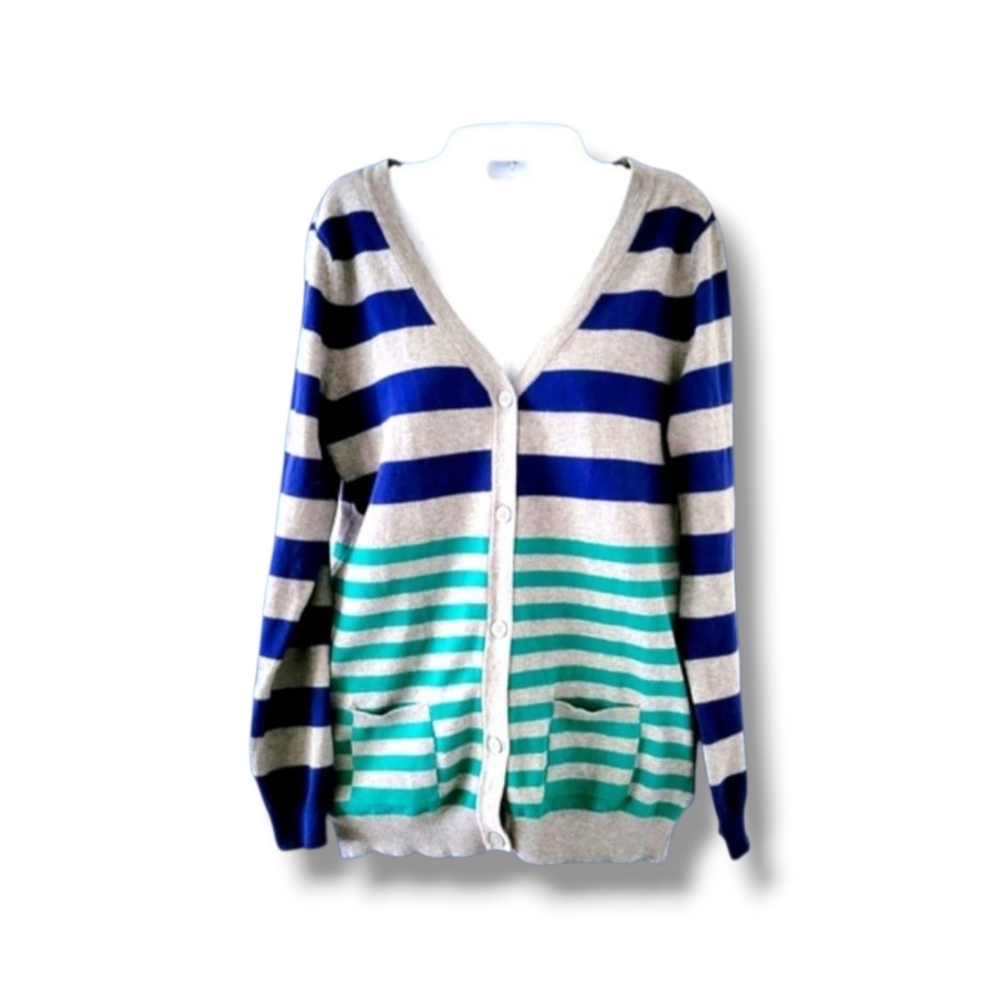 Canyon River Blues | Gray/Blue Striped V-neck Button-Down Cardigan (SIZE M)